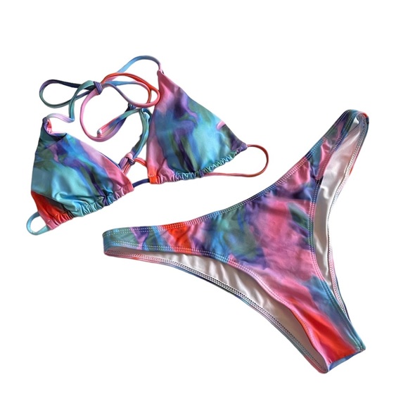 Tie Dye Marbled Halter Cheeky Bikini Set Sz XL - Picture 2 of 5